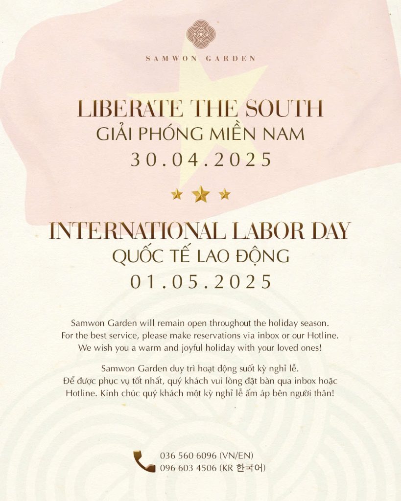30/4 và 1/5 tại Samwon Garden